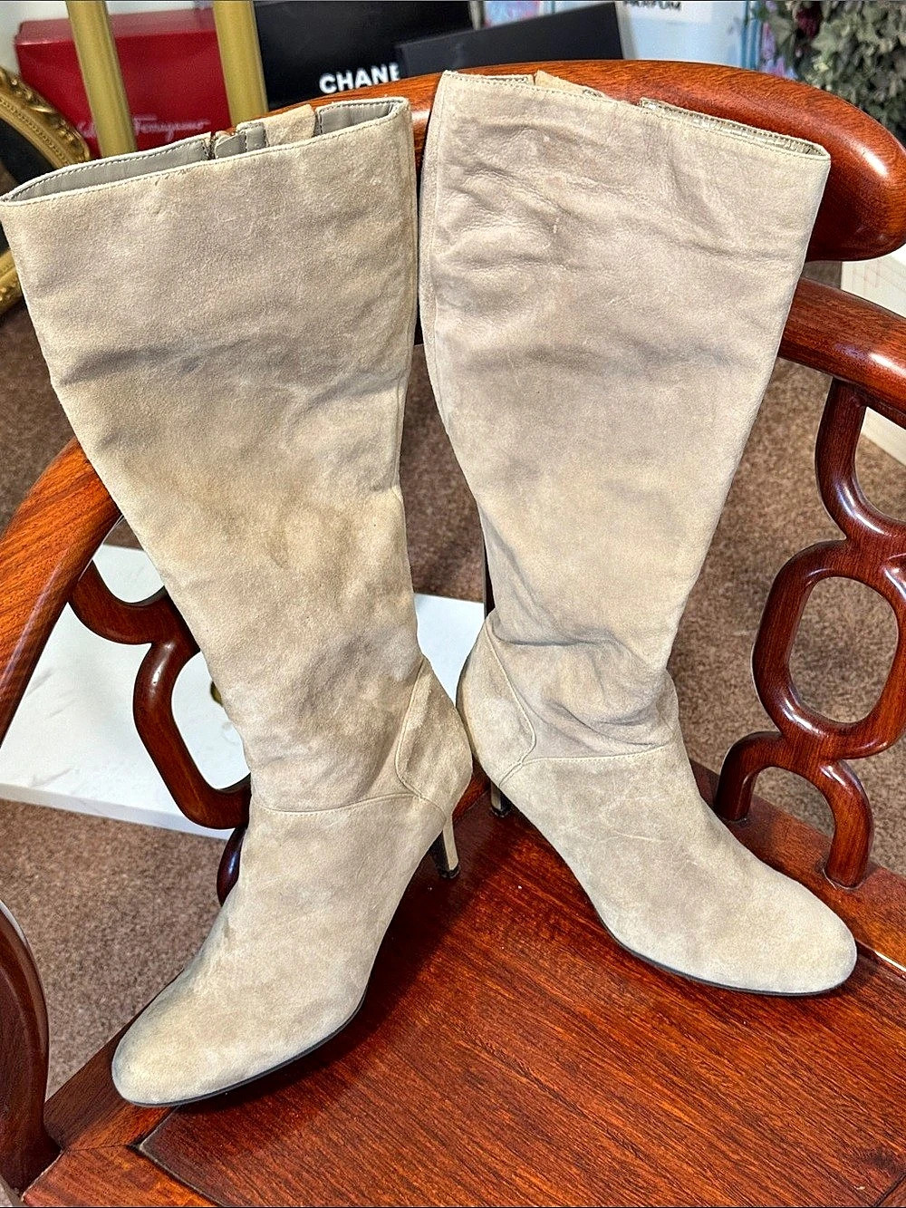 GUC Nine West Suede Stone Beige Knee Heeled Boots Some peeling at top